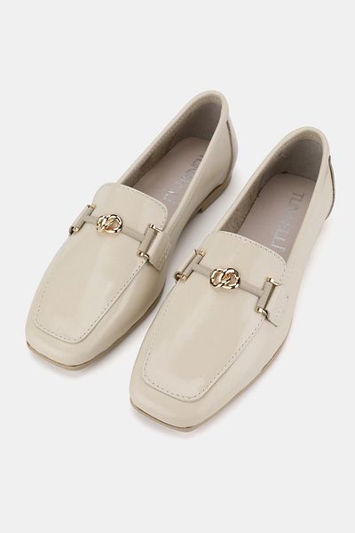 TUNAELLİ Women Beige Patent Leather Genuine Natural Leather 36-41 Number Buckle Ballet Flat