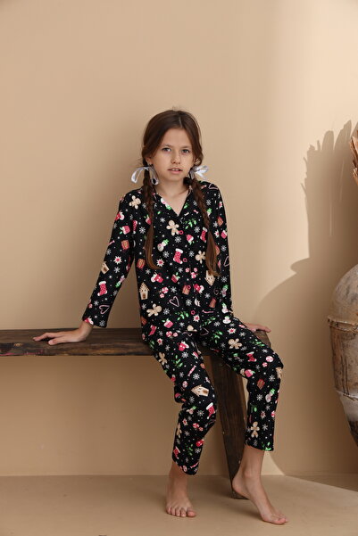 ELİTOL Karışık Desen Süet Örme Uzun Kol Kadın Düğmeli Pijama Takımı