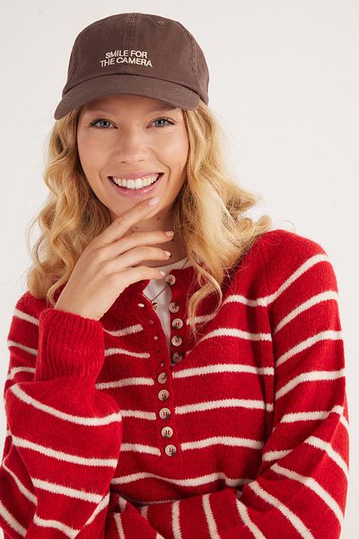 Tudors Women's Regular Fit Classic Cut Button Collar Striped Red Sweater