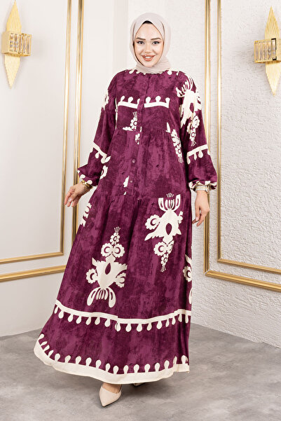 Tesettür Dünyası Düğmeli Viskon Elbise TSD250208 Mürdüm