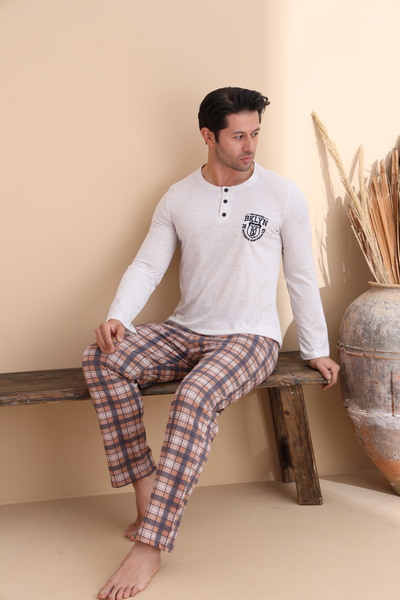 ELİTOL Ecru Plaid Pattern Buttoned Long Sleeve Men's Pajama Set