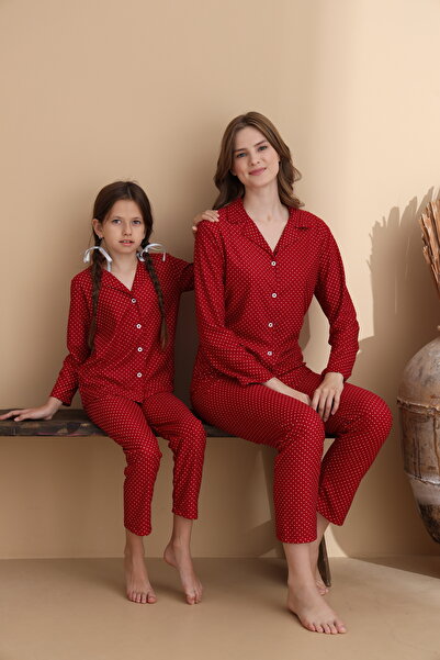 ELİTOL Small Dot Pattern Suede Knitted Long Sleeve Mother-Daughter Buttoned Pajama Set