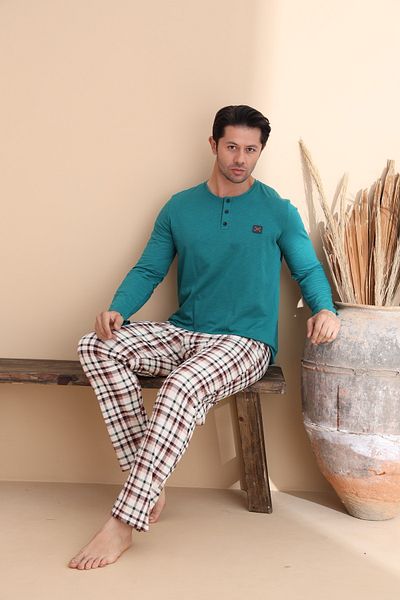 ELİTOL Petrol Plaid Pattern Button Long Sleeve Men's Pajama Set