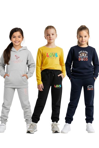 FYK KİDS 3-Piece Girl's Tracksuit Set with Hooded Kangaroo Pocket and Zero Collar Print