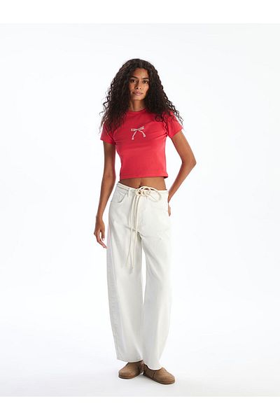 LC Waikiki New Season Crew Neck Ribbon Printed Crop - S5Pk44Z8