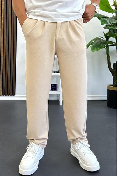 Edwox Men's Comfortable Fit Pleated Trousers Cream Edw402
