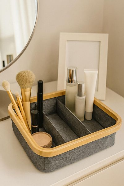 Vienev Wooden Framed 3 Compartment Fabric Makeup and Cosmetic Organizer
