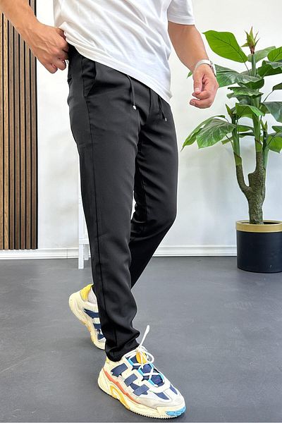 Edwox Men's Slim Fit Drawstring Waist Buttoned Trousers Black Edw403