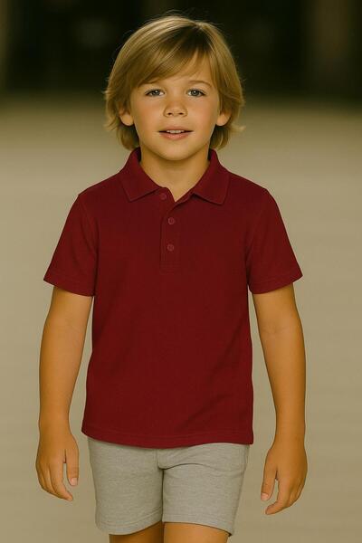 Kuraff Giyim Unisex Children's Solid Color Basic Polo Neck Short Sleeve Schoo...