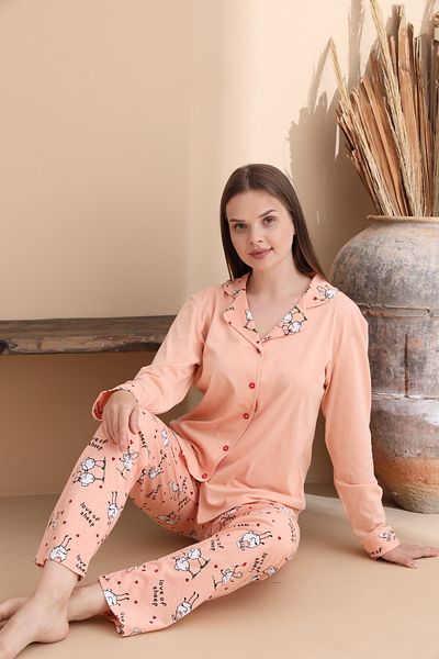 ELİTOL Set pijamale pentru copii cu mâneci lungi din bumbac tricotat cu model de miel de somon