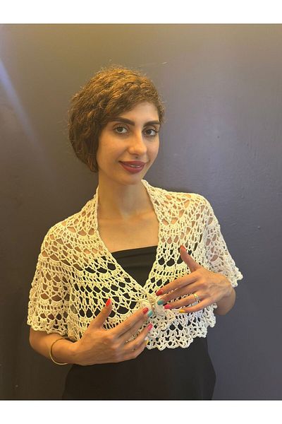 Gönülden Tasarım Lace Hand Knitted Multi-Purpose Shal, Bolero, Bustier with Butterfly Brooch