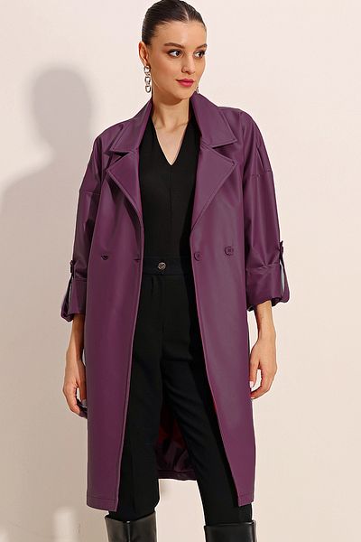 Merterium Women's Belted Long Faux Leather Trench Coat Plum 1038