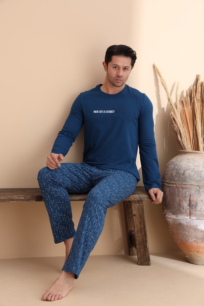 ELİTOL Indigo Line Pattern Long Sleeve Men's Pajama Set