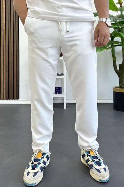 Edwox Men's Slim Fit Drawstring Waist Buttoned Trousers White Edw403