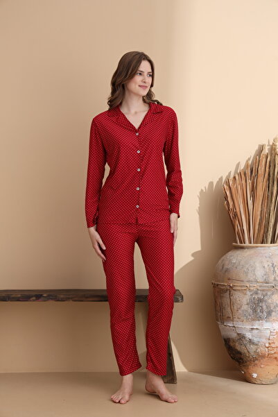 ELİTOL Small Dot Pattern Suede Knitted Long Sleeve Mother-Daughter Buttoned Pajama Set
