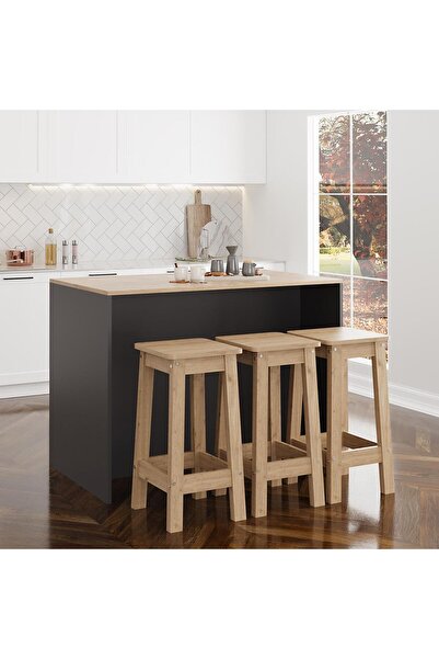 Bimossa Miro G4522 3 Adet Sepet Bar Tabureli Mutfak Adası Sepet Bar Tabureli Antrasit Gövde, Ahşap Sepet Üst