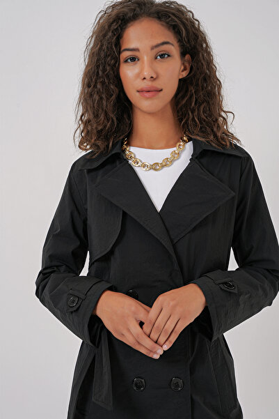 Merterium Kadın Kruvaze Yaka Trençkot Siyah 1197