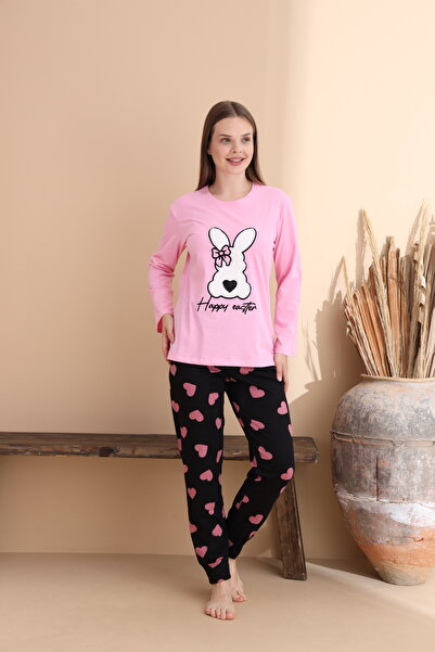 ELİTOL Rózsaszín szívmintás pamut kötött hosszú ujjú gyerek pizsama szett