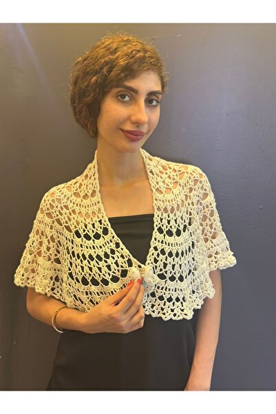 Gönülden Tasarım Lace Hand Knitted Multi-Purpose Shal, Bolero, Bustier with Butterfly Brooch