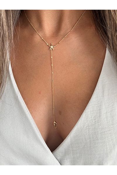Liora Long Model Gold Necklace with Star and Seahorse Detail