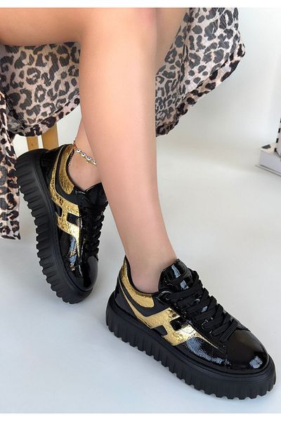 pabucmarketi Black Patent Leather Gold Lace-Up Women's Sports Shoes