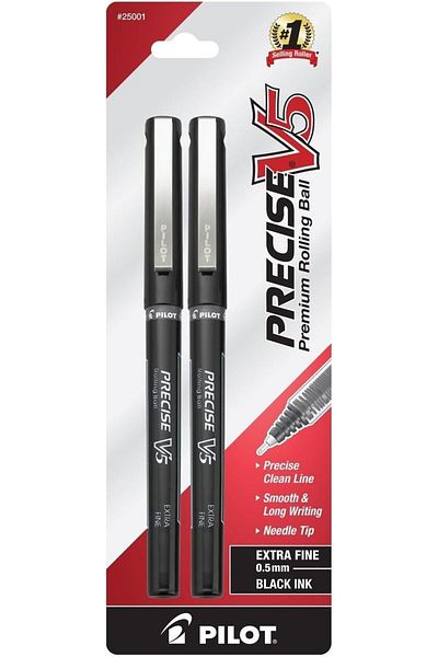 Pilot Precise V5 Stick Liquid Ink Rolling Ball Stick Pens, Extra Fine Point (0.5mm) Black Ink, 2-Pac