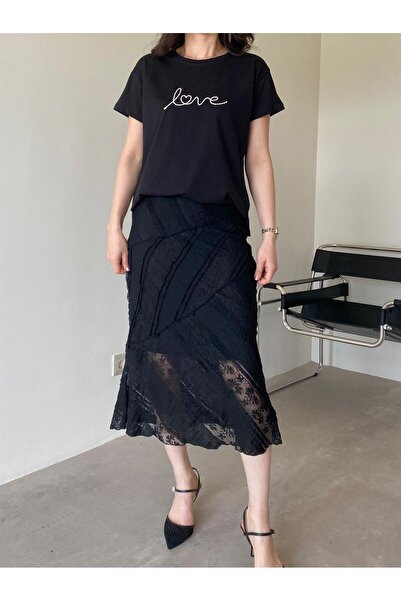 Bade Butik Μαύρη δαντέλα με λεπτομέρειες μεσαίου μήκους φούστα