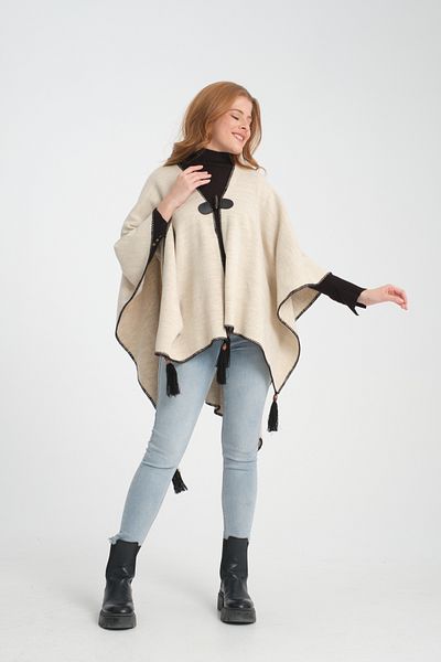T Crazy T-Crazy Solid Color Fisherman Stitching Woven Knitwear Poncho, Button Detailed Tassel Women's Outerwear Poncho