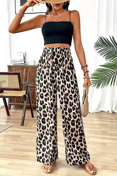 FashionForYou OGHY animal print summer pants, with drawstring and elastic waistband, Beige, M