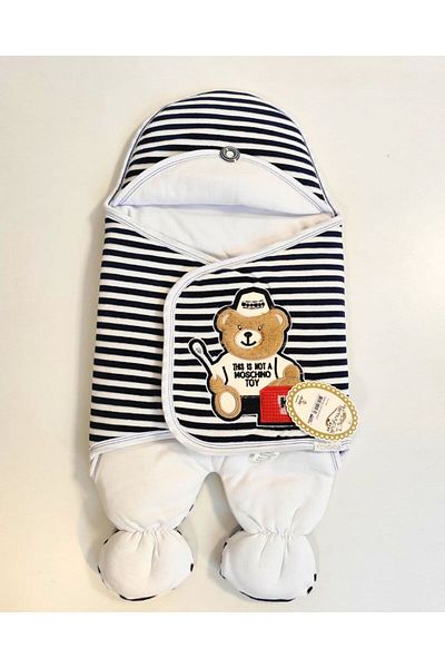 Tomuycuk Newborn Unisex Footed Baby Swaddle and Sleeping Bag - Teddy Bear Embroidered & Navy Blue Striped