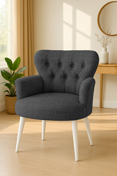 Azra Mobilya Antrasit Keten Kumaş Tekli Koltuk Berjer - Cafe Koltuğu - Beklem...