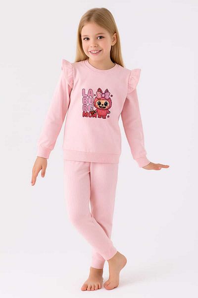 ESİLA KİDS Girl's Suit Pink Labubu Printed Ruffle Sweatshirt and Sweatpants Set 5-8 Years