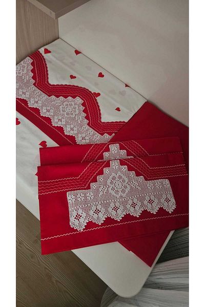 ZESA HOME Handcrafted Lace, Border and Patterned Duvet Cover Set - Red Heart