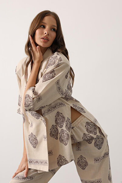 VAGGON Women's Ecru Ethnic Patterned Oversized Piece Set Vs00641