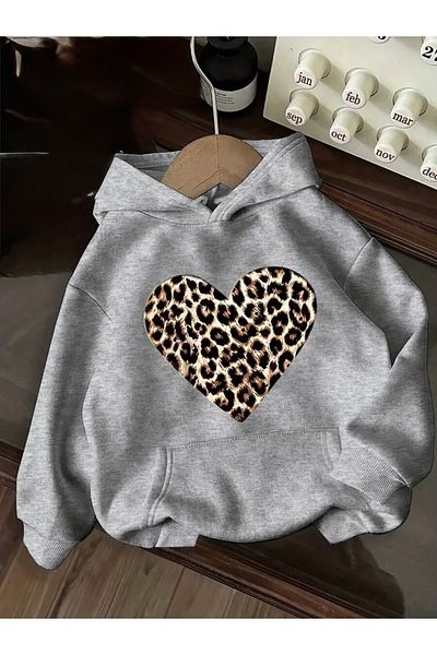 FUFLUNS Oversize Unisex Hooded Sweatshirt with Leopard Heart Print