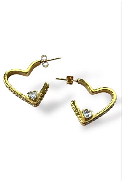 Yegane Gold renk inci detaylı kalp küpe