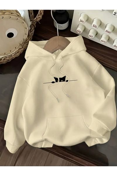 FUFLUNS Cat Printed Oversize Unisex Hooded Sweatshirt