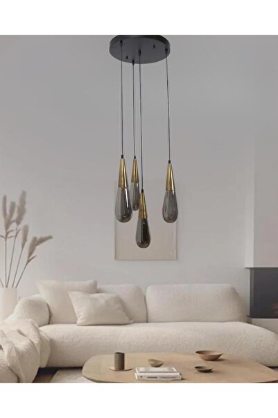 Fera Aydınlatma Damla Füme Cam 4Lü Yuvarlak Eskitme Metal Gövde Her Alana Uyg...