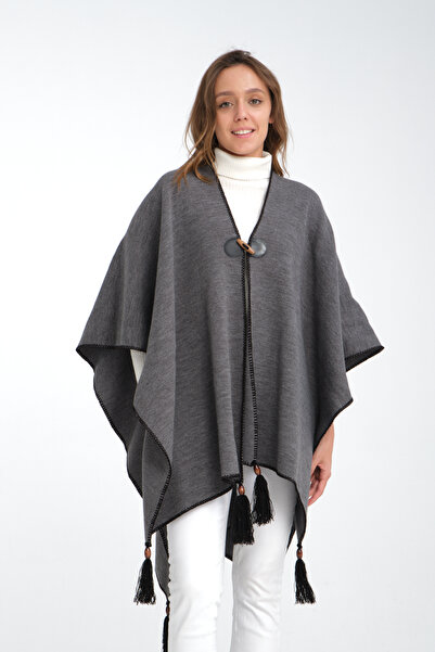 T Crazy T-Crazy Solid Color Fisherman Stitching Woven Knitwear Poncho, Button Detailed Tassel Women's Outerwear Poncho