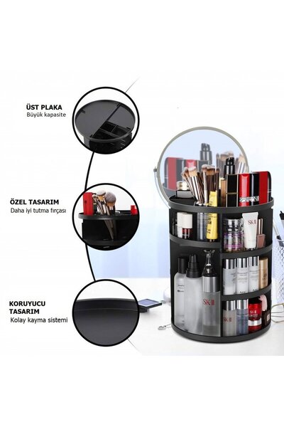 Perissy 360 stepeni rotirajući organizator za šminku - crni sa podesivim poli...