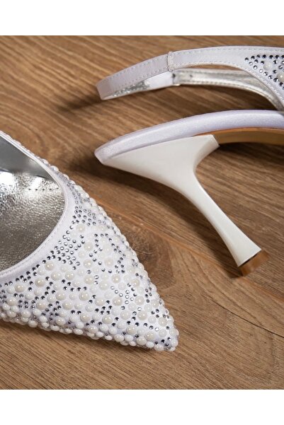 Brs White Satin Pearl Stone Open Back Stiletto