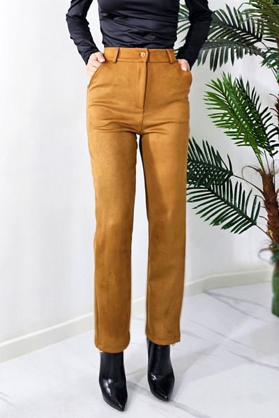 FashionForYou Silkwood women's suede-look trousers, high waist and relaxed fit, Brown, M