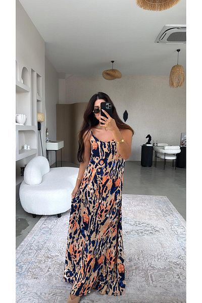 Buket Teke Nude Patterned Strap Viscose Dress