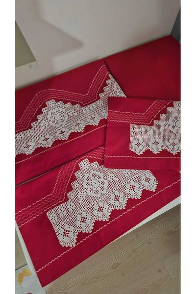ZESA HOME Handcrafted Lace and Ribbed Piccolo Dowry Bedding Set - Red