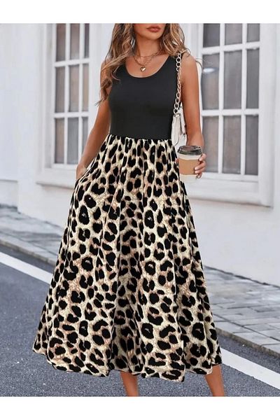 Silerra Women's Strappy Round Neck Top Viscose Bottom Leopard Patterned Single Jersey Long Dress