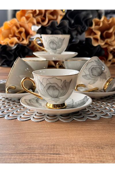 Meri Ev Gereçleri Grey Turkish Coffee Cup Set for 6 People 12 Pieces