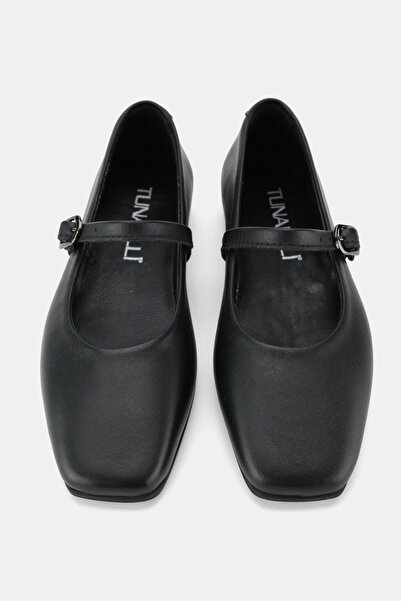 TUNAELLİ Women's Black Genuine Natural Leather 36-41 Number Buckle Straped Ballet Flat