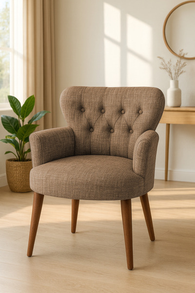 Azra Mobilya Kahverengi Keten Kumaş Tekli Koltuk Berjer - Cafe Koltuğu - Bekleme Koltuğu - Ceviz Ayak