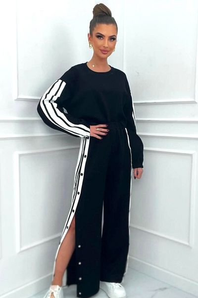 FashionForYou Casual Oversize Flow Suit, with leg staples and contrasting stripes, Black, L