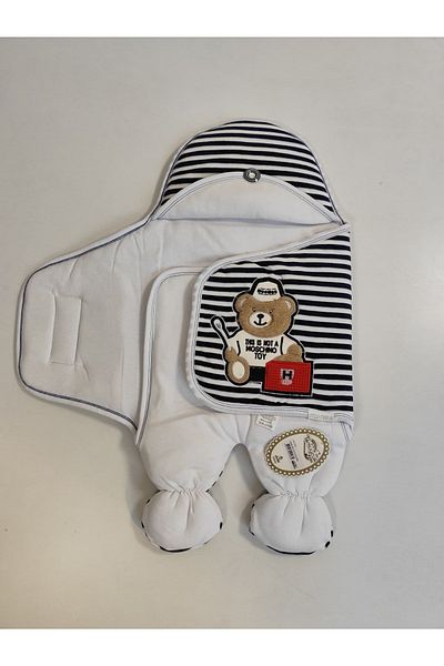 Tomuycuk Newborn Unisex Footed Baby Swaddle and Sleeping Bag - Teddy Bear Embroidered & Navy Blue Striped
